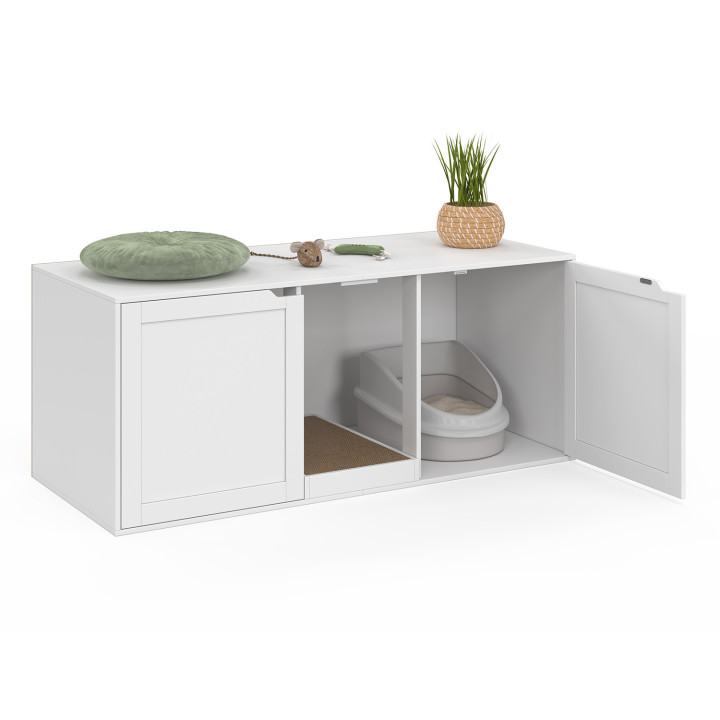 Maison de toilette chat XL cache-litière 2 portes et griffoir bois blanc