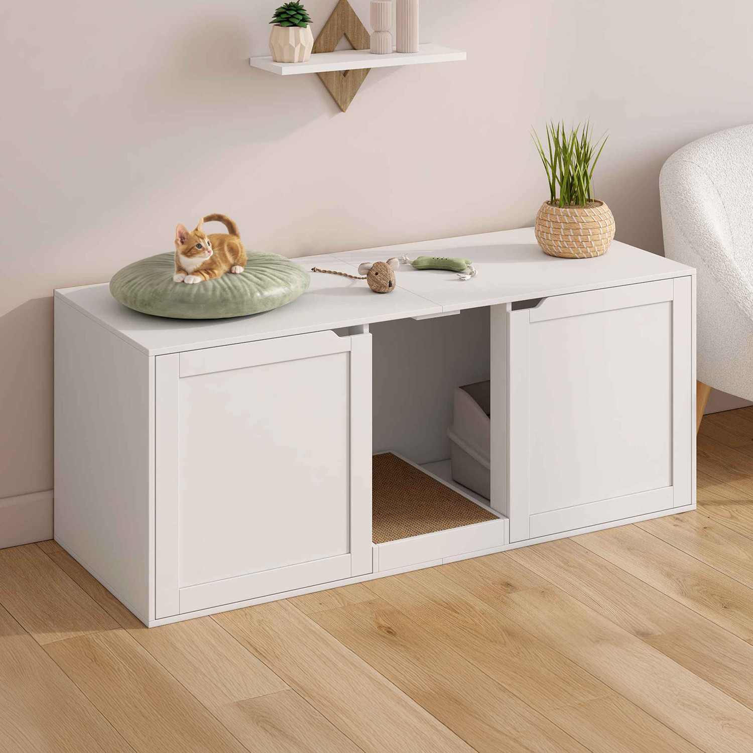 Maison de toilette chat XL cache-litière 2 portes et griffoir bois blanc