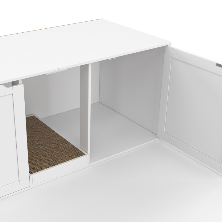 Maison de toilette chat XL cache-litière 2 portes et griffoir bois blanc