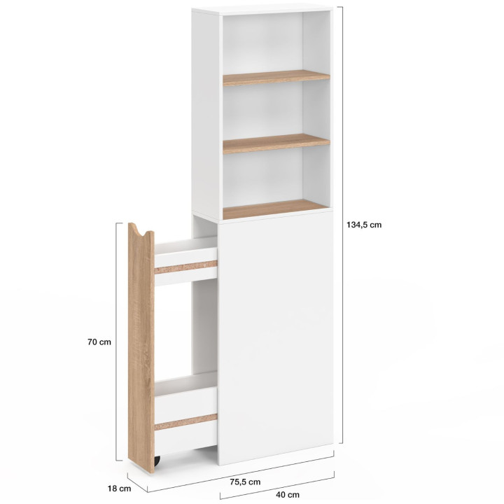 Mueble de baño TOMI de 2 niveles con cajones y 3 estantes en acabado haya y blanco para ahorrar espacio