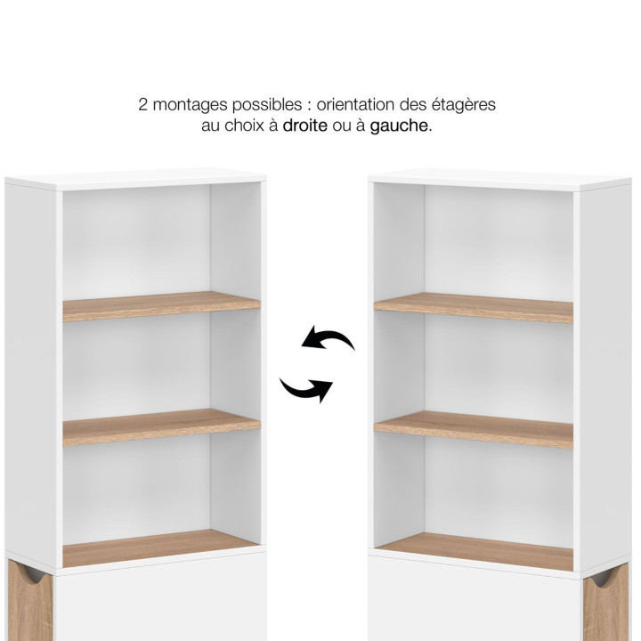 Meuble colonne salle de bain TOMI gain de place desserte 2 étages et 3 étagères façon hêtre et blanc