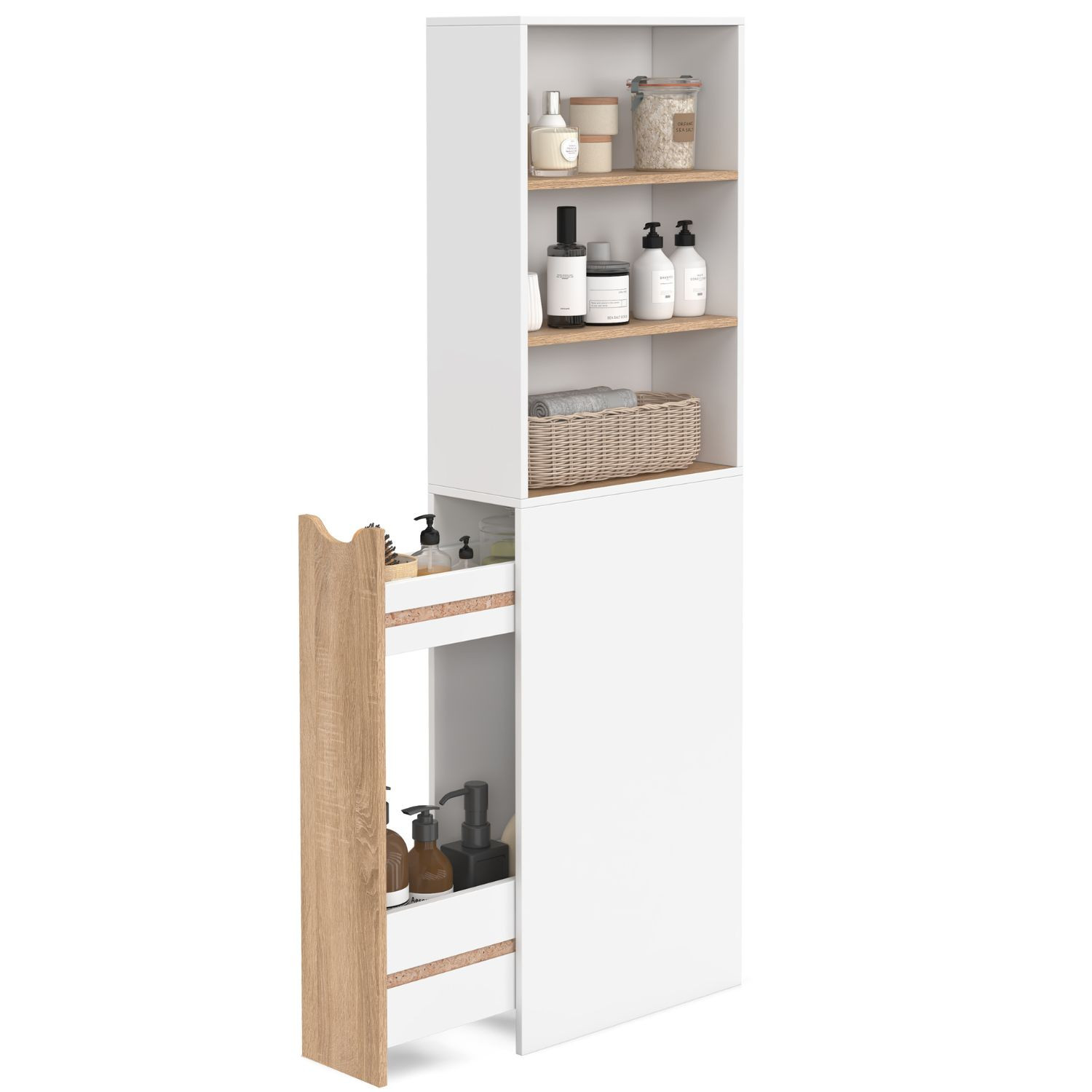 Meuble colonne salle de bain gain de place desserte 2 niveaux avec tiroirs et 3 étagères façon hêtre et blanc