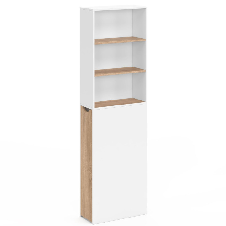 Mueble de baño TOMI de 2 niveles con cajones y 3 estantes en acabado haya y blanco para ahorrar espacio