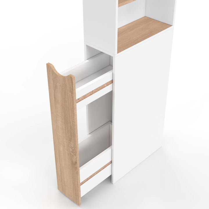 Meuble colonne salle de bain TOMI gain de place desserte 2 étages et 3 étagères façon hêtre et blanc