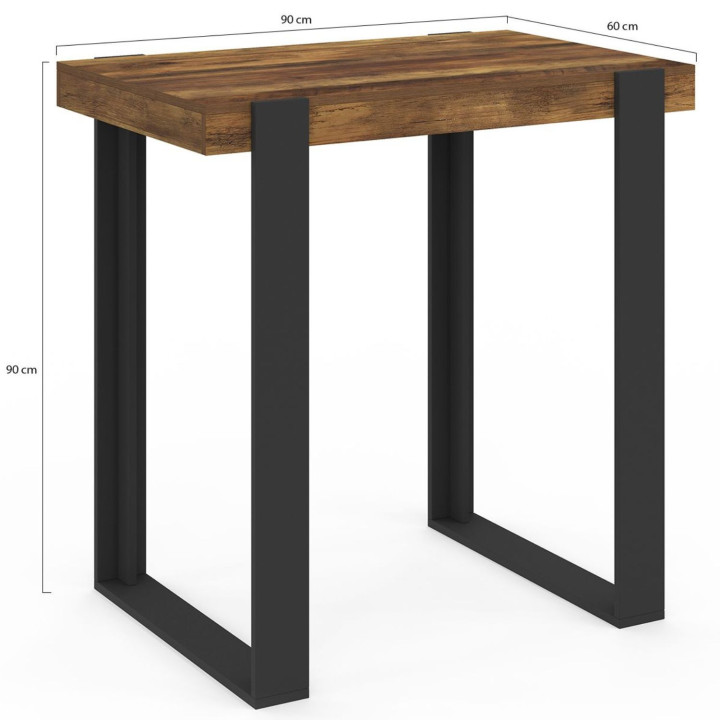 Table haute de bar PHOENIX bois foncé effet vieilli et noir 90 cm