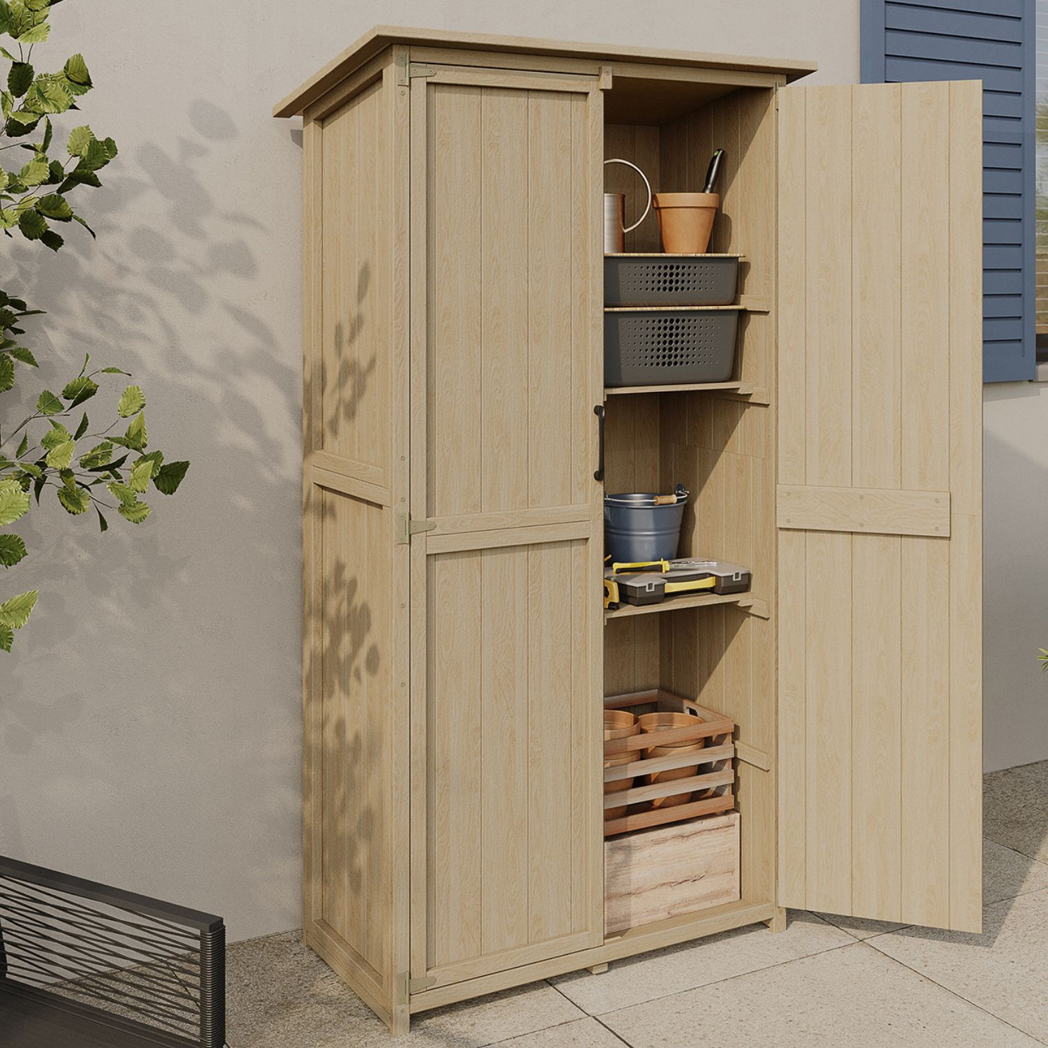 Armoire de jardin en bois 90x50x160 cm avec toit incliné double porte et étagères
