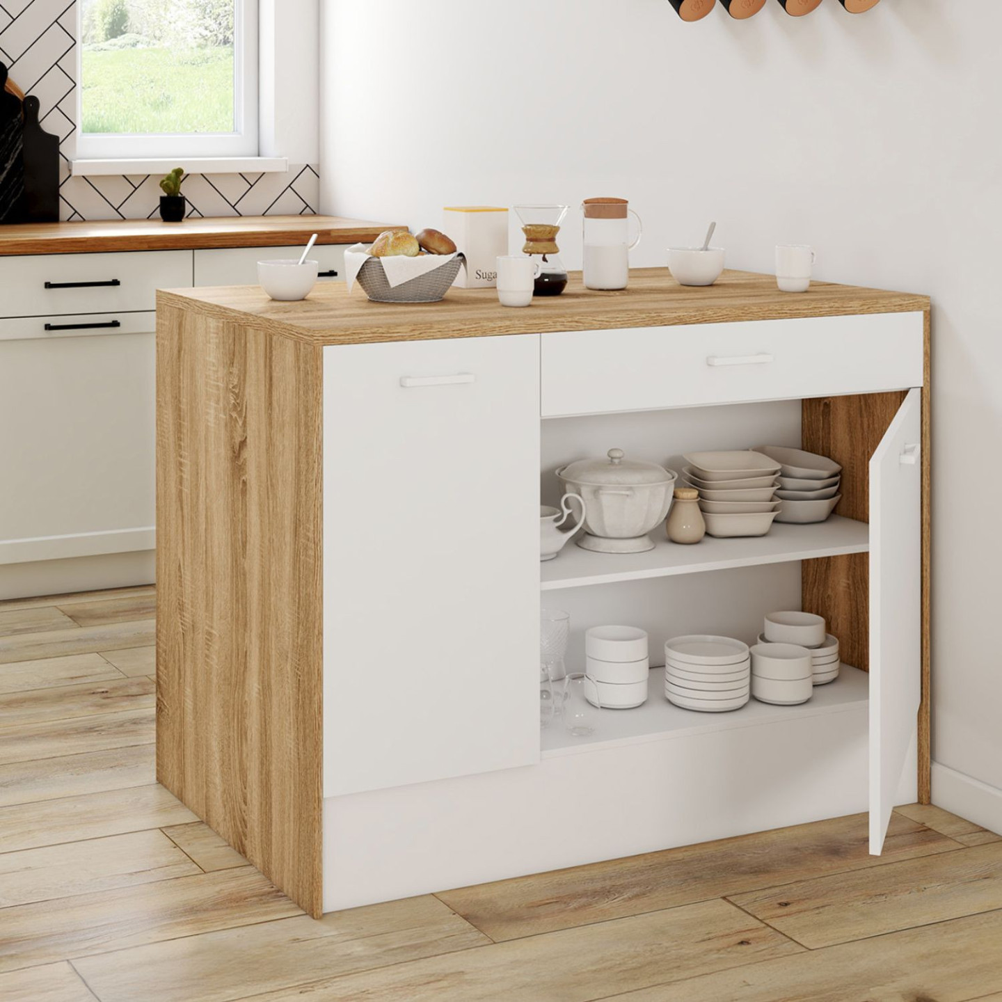 Ilot central maxi capacité de rangement bois et blanc - LIO | IdMarket ...