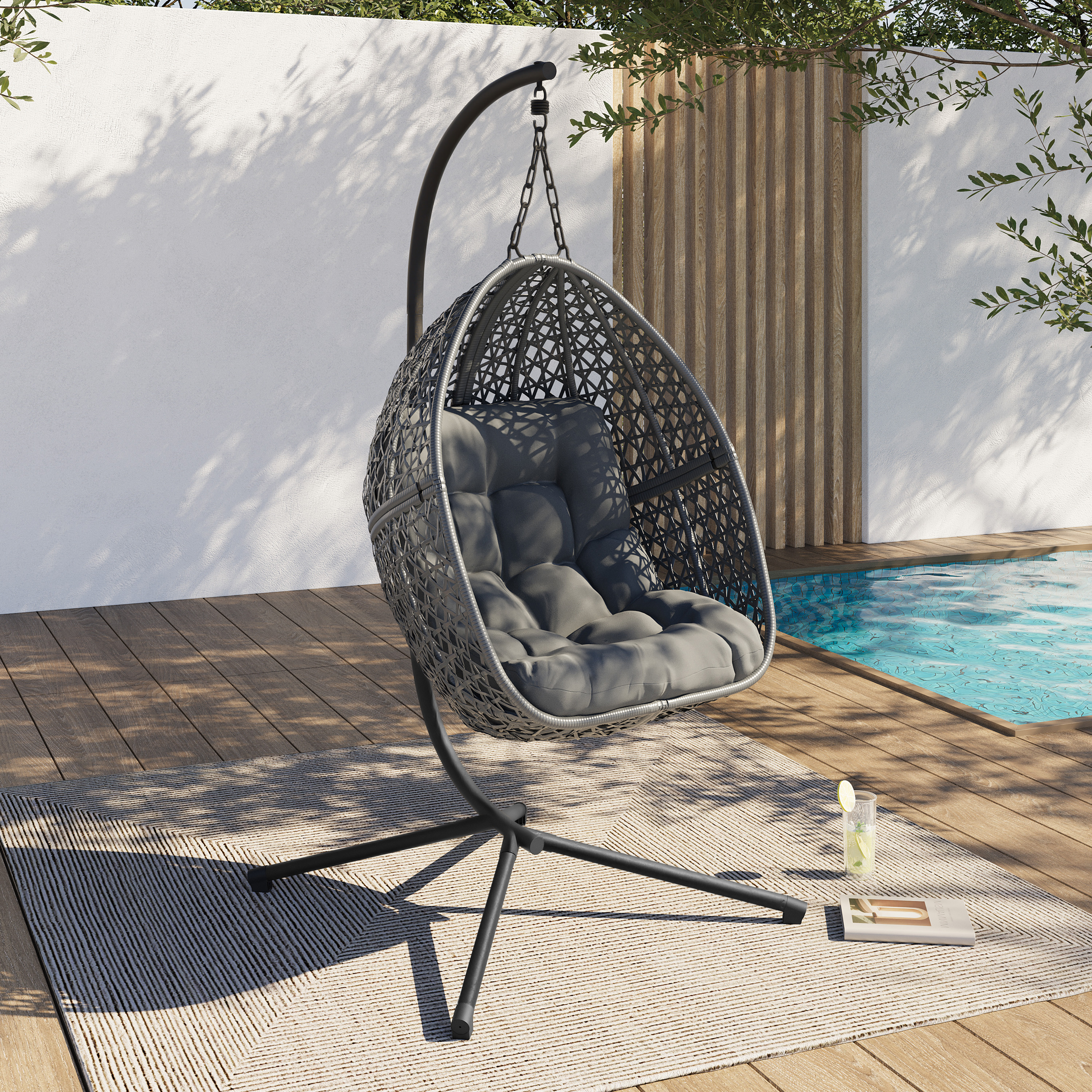 Fauteuil lune suspendu avec coussins gris