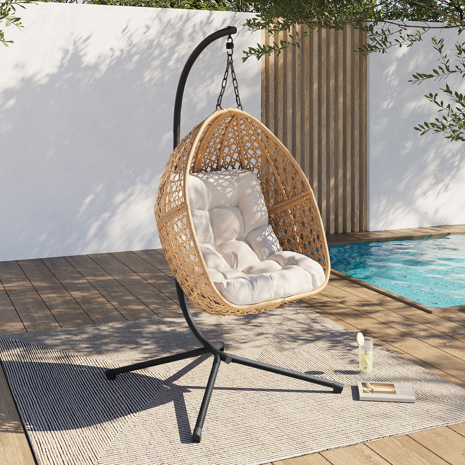 Fauteuil suspendu effet rotin avec coussin écru