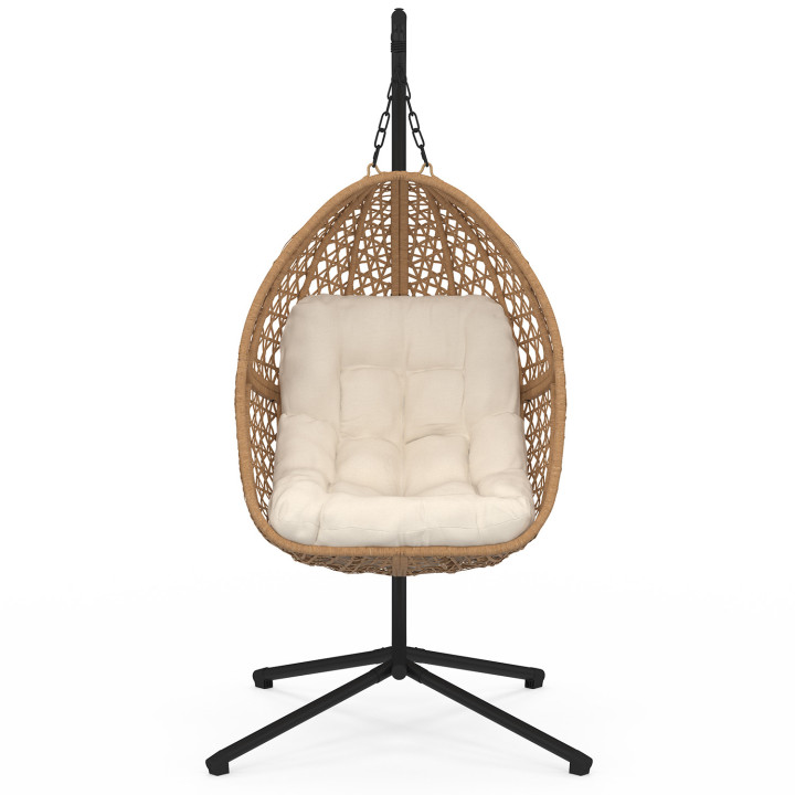 Fauteuil lune suspendu ajouré effet rotin avec coussin écru