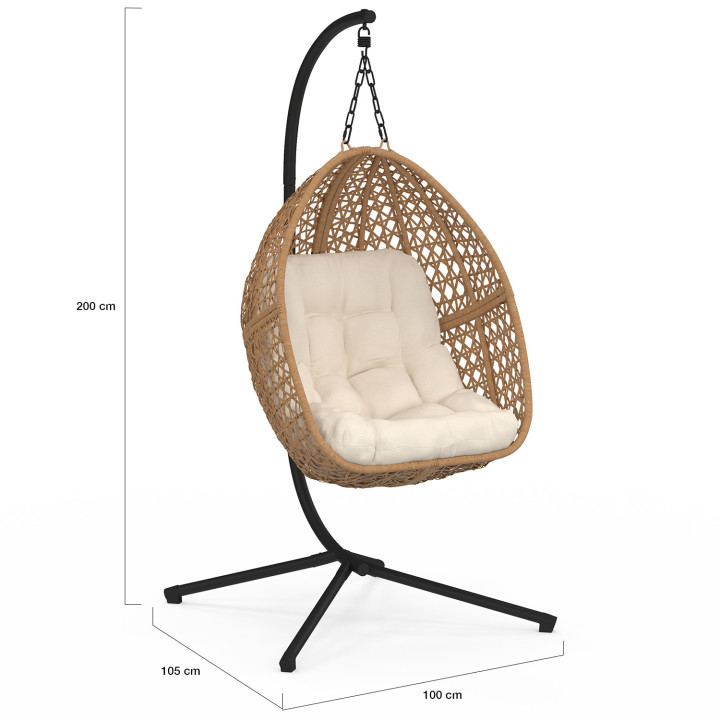 Fauteuil lune suspendu ajouré effet rotin avec coussin écru