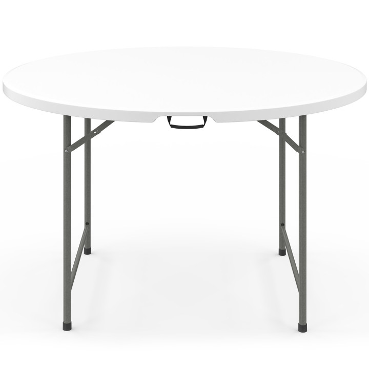 Tragbarer klappbarer Beistelltisch rund 122 cm Camping oder Rezeption mit weißem Bezug