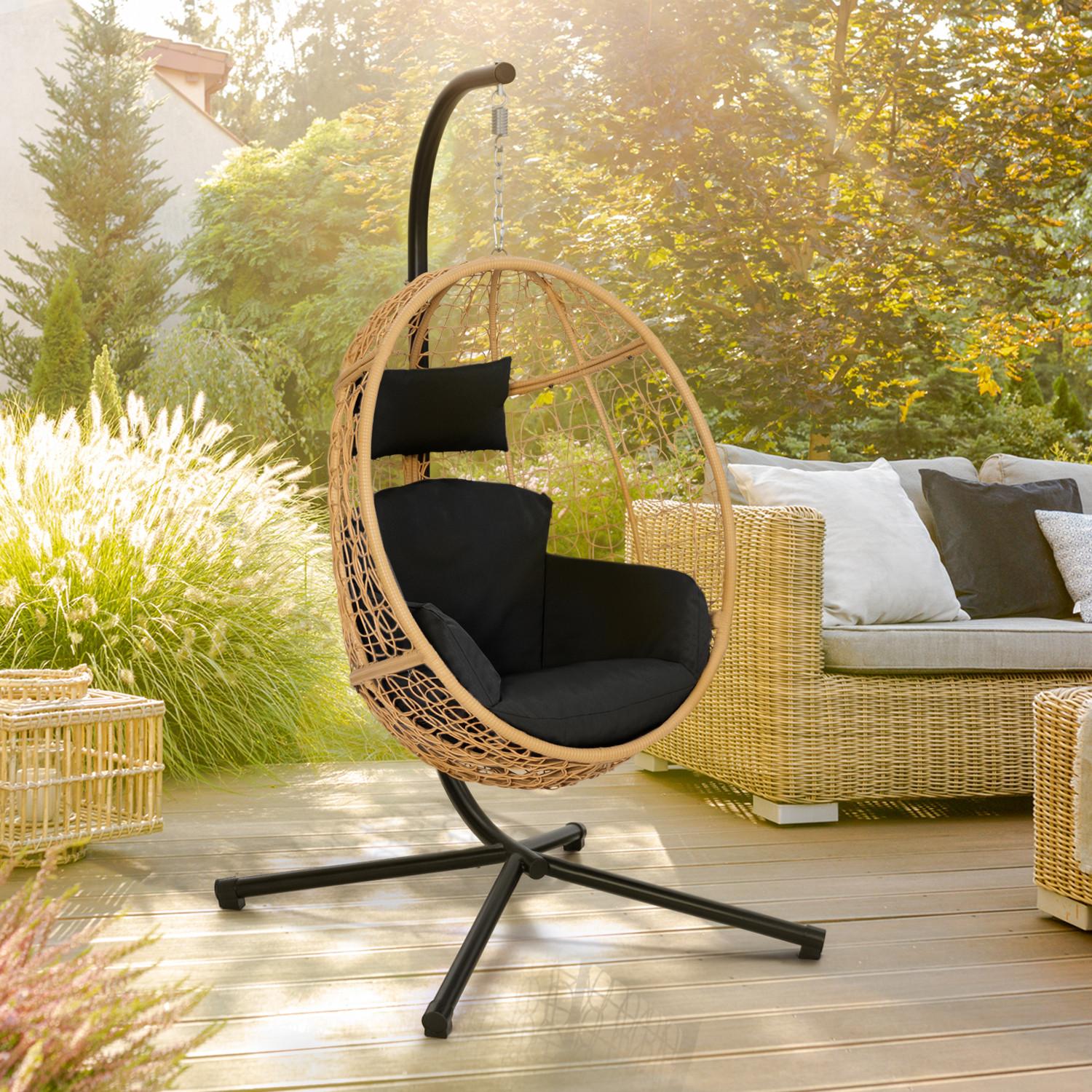 Fauteuil œuf suspendu effet rotin avec coussins noir