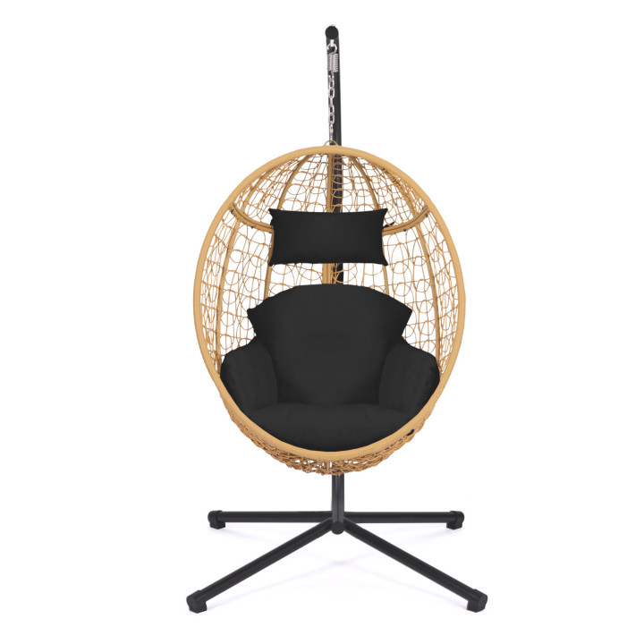 Sillón colgante efecto huevo de ratán con cojín negro | ID Market