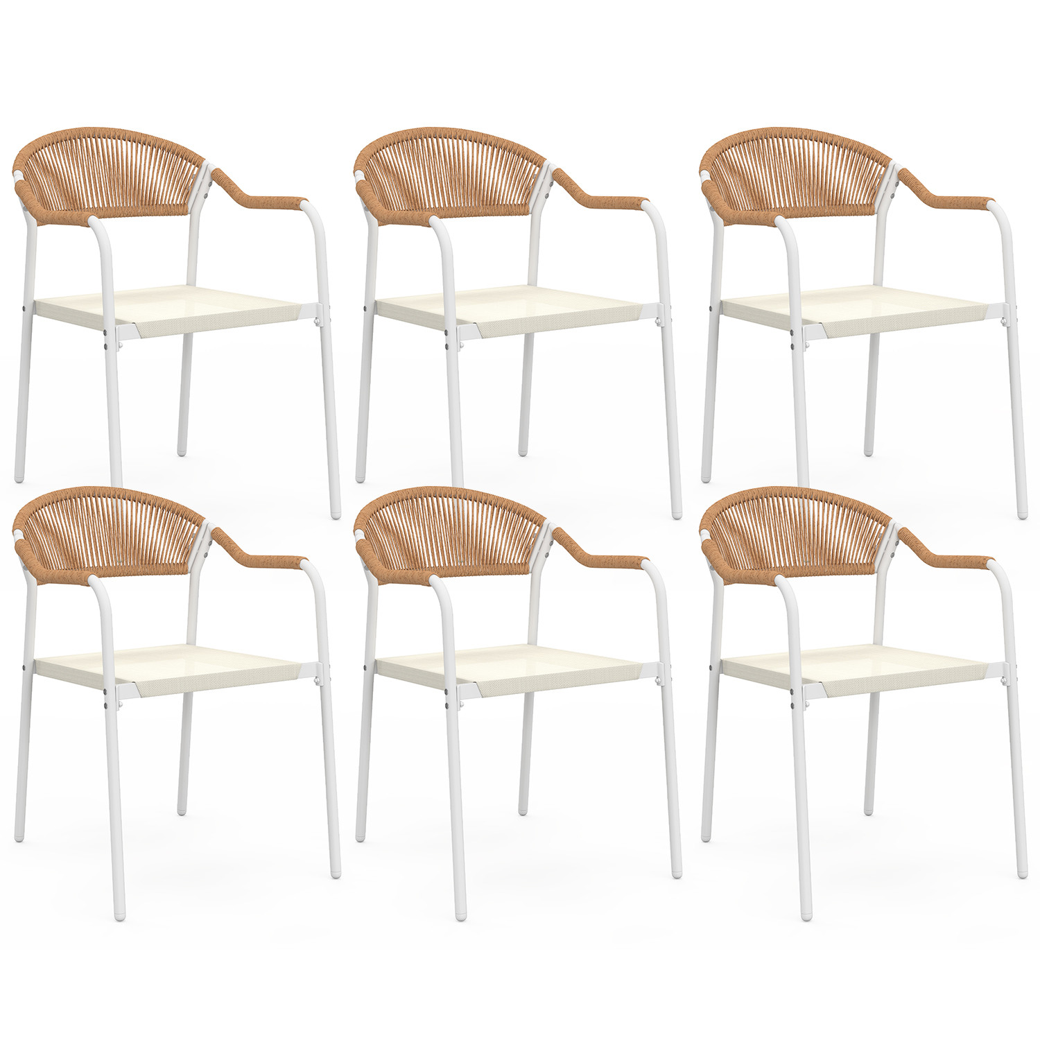 Lot de 6 chaises de jardin métal blanc cordage et textilène beige et rotin clair - MADEIRA | IdMarket