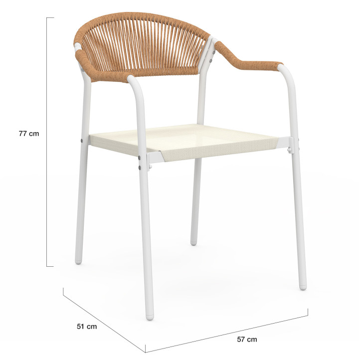 Lot de 6 chaises de jardin MADEIRA métal blanc cordage et textilène beige et rotin clair