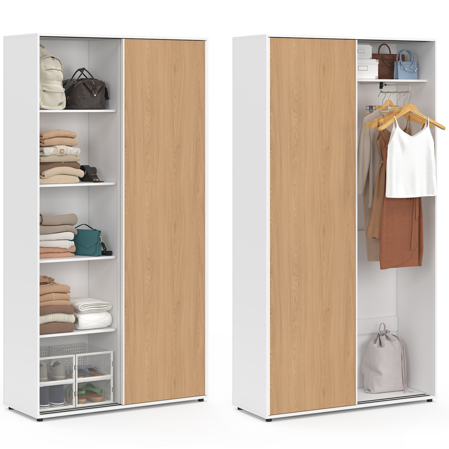 Schrank 2 Schiebetüren SLIDEA weiß und Holz Kleiderschrank 100 cm mit Regalen Aufbewahrung maxi Kapazität