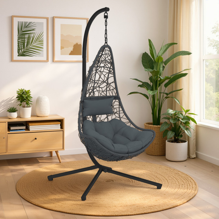 Fauteuil courbé suspendu ajouré effet rotin gris avec coussin gris