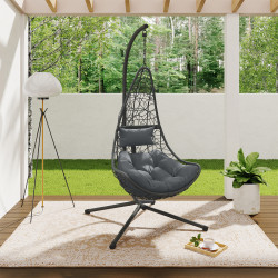 Fauteuil courbé suspendu ajouré effet rotin gris avec coussin gris