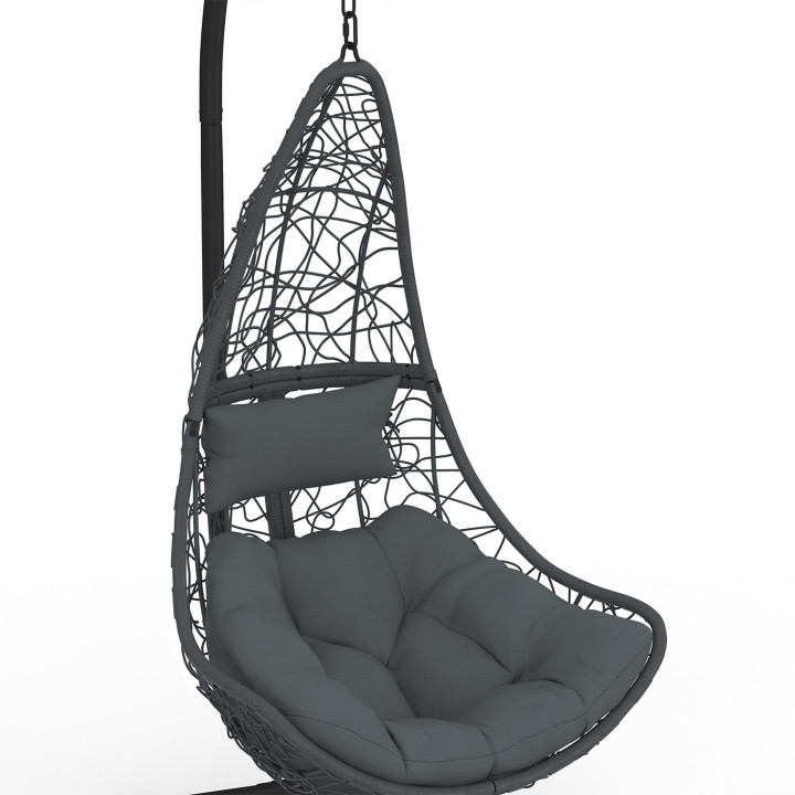 Sillón colgante calado gris efecto ratán media luna con cojín gris