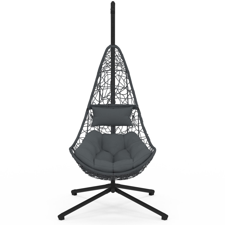 Fauteuil courbé suspendu ajouré effet rotin gris avec coussin gris