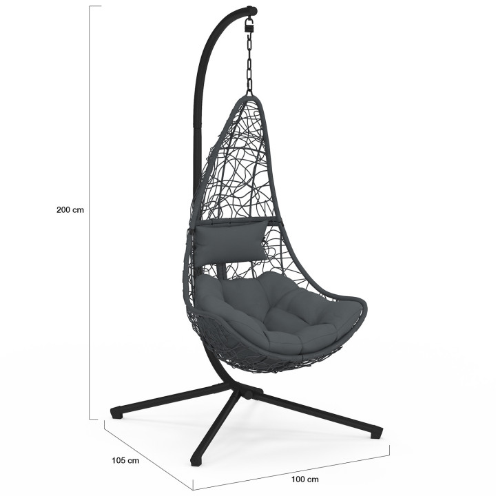 Sillón colgante calado gris efecto ratán media luna con cojín gris