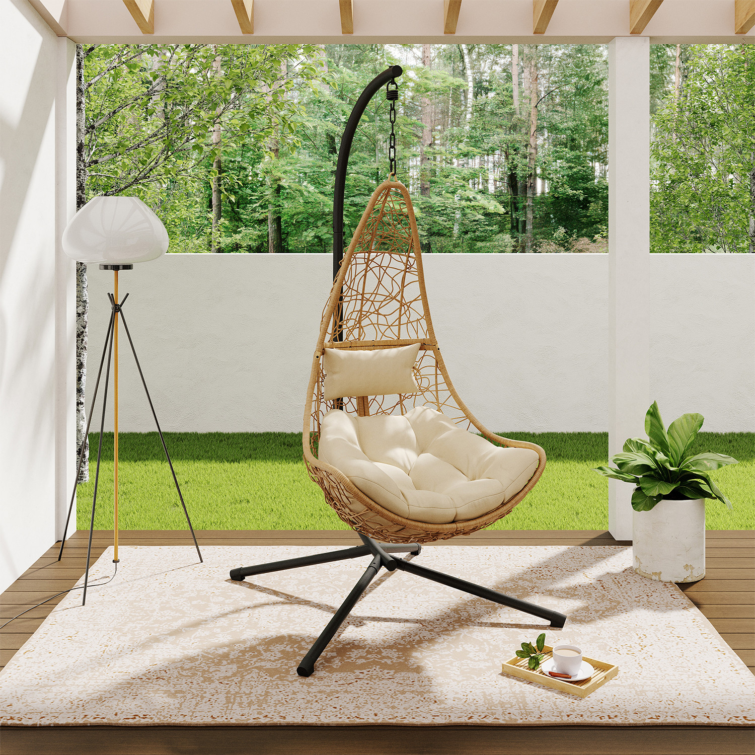 Fauteuil demi-lune suspendu ajouré effet rotin avec coussin écru | IdMarket