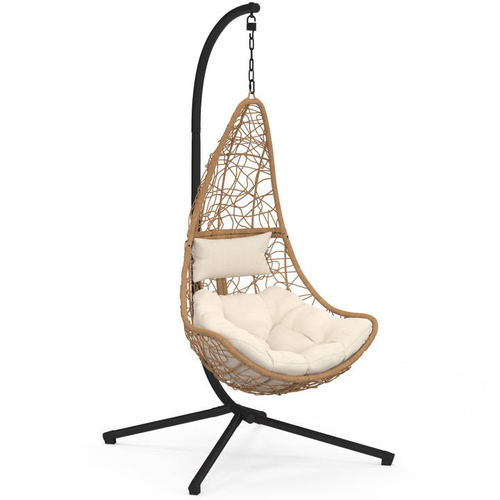 Sillón colgante media luna efecto ratán con cojín crudo