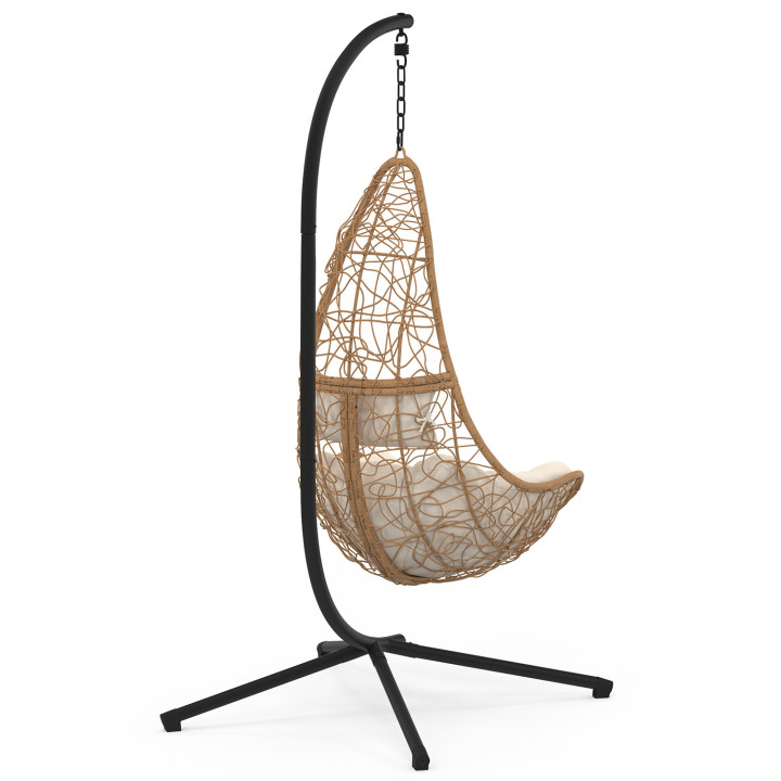 Hangstoel halve maan met rotaneffect en ecru kussen