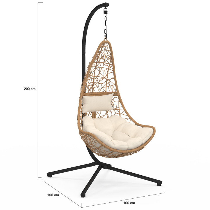 Fauteuil courbé suspendu ajouré effet rotin  avec coussin écru