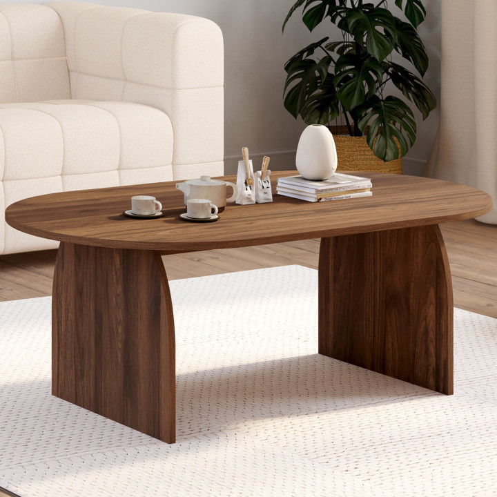 Couchtisch japandi oval 110 cm Holz mit Walnuss-Effekt