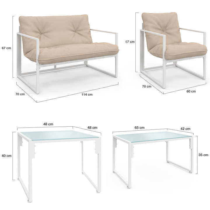 NAIROBI Conjunto de muebles bajos de jardín de 6 plazas de acero blanco con cojines beige