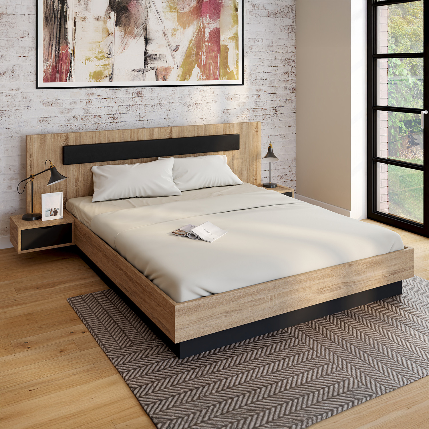 Lit double 160x200 cm bois et noir avec tête de lit et tables de chevet