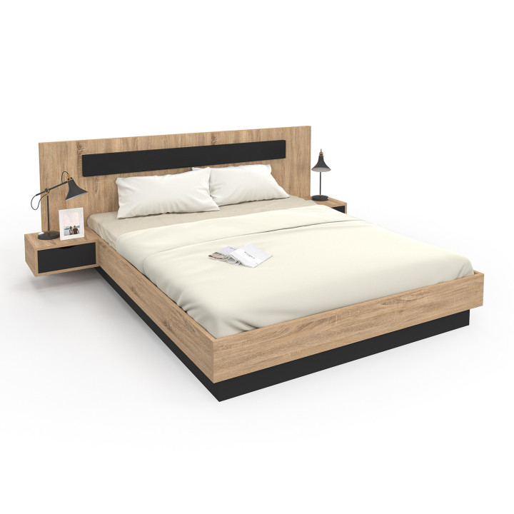 Lit double SANTA avec tête de lit + tables de chevet intégrées et sommier 160 x 200 cm bois et noir