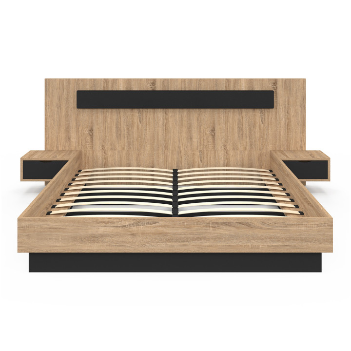 Cama de matrimonio 160x200 con cabecero de madera y negro y mesitas de noche - SANTA | ID Market