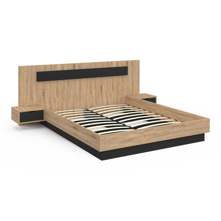 Tweepersoonsbed 160x200 met houten en zwart hoofdeinde en nachtkastjes - SANTA | ID Market
