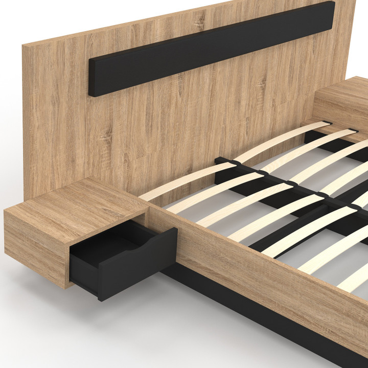 Cama de matrimonio 160x200 con cabecero de madera y negro y mesitas de noche - SANTA | ID Market