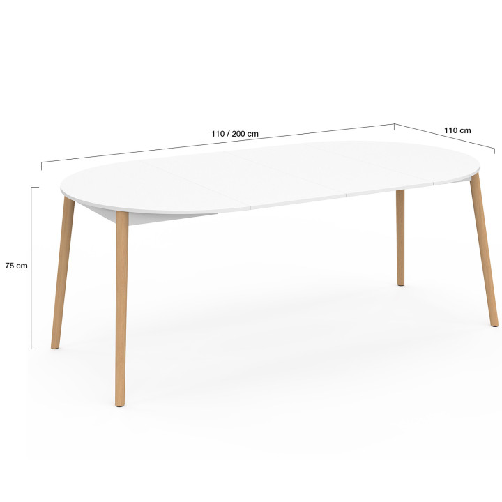 Mesa de comedor redonda extensible 4-10 personas pata de madera blanca 110 - 200 cm