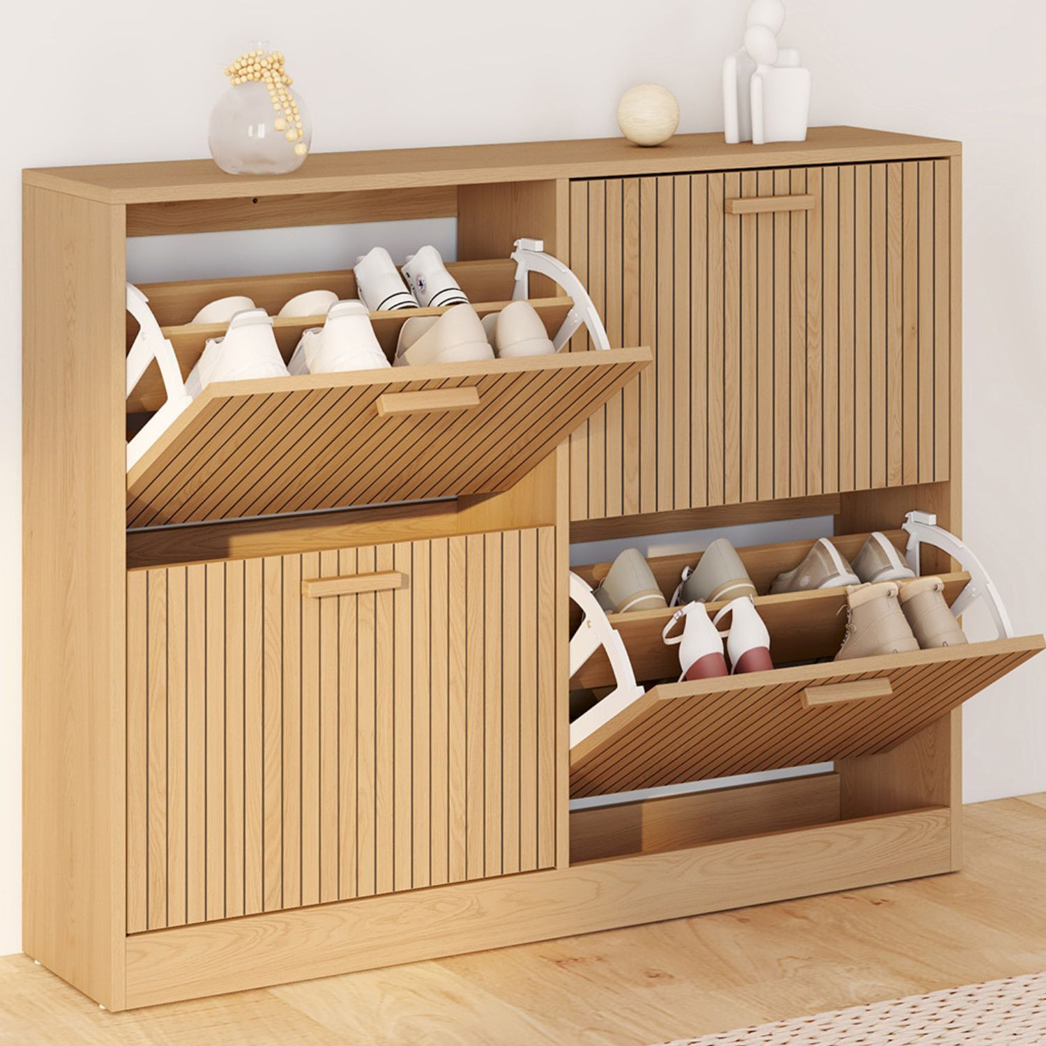 Meuble à chaussures 20 paires 4 portes lattes tasseau bois coloris chêne