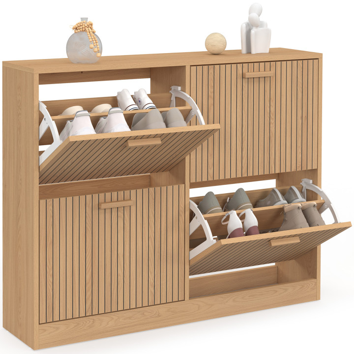 Meuble à chaussures 20 paires JULIETTE 4 portes lattes tasseau bois coloris chêne