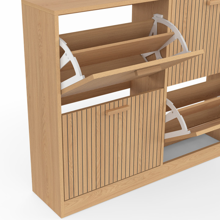 Meuble à chaussures 20 paires JULIETTE 4 portes lattes tasseau bois coloris chêne