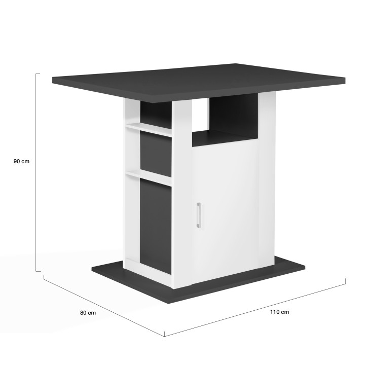 Ilot central UGO 110 cm plateau bois gris et blanc avec rangements