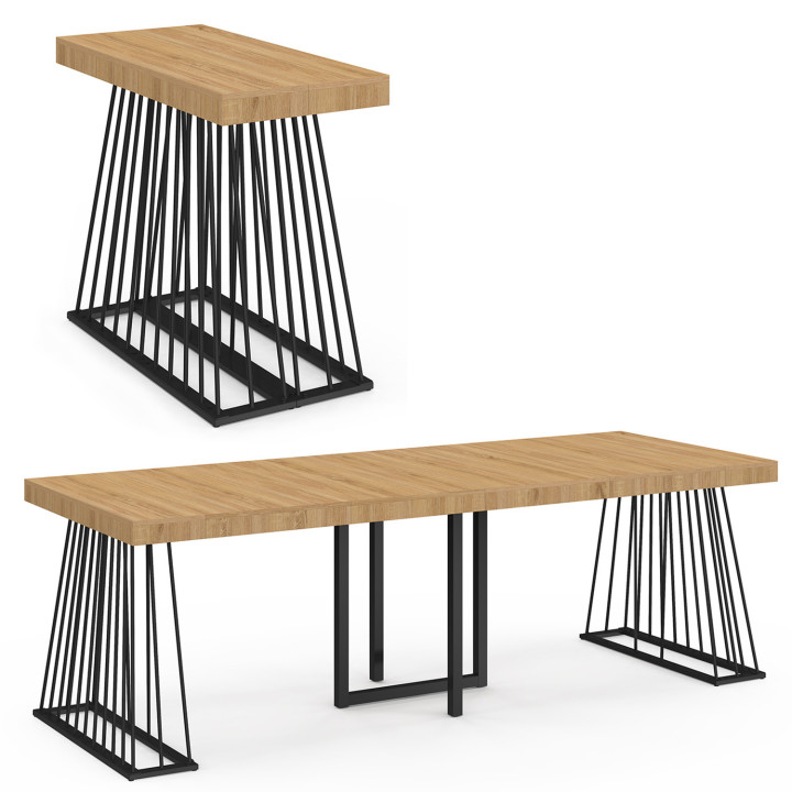 Table console extensible YUNA 10 personnes 235 cm plateau bois et pied filaire en métal noir