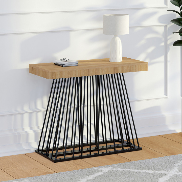 Table console extensible YUNA 10 personnes 235 cm plateau bois et pied filaire en métal noir