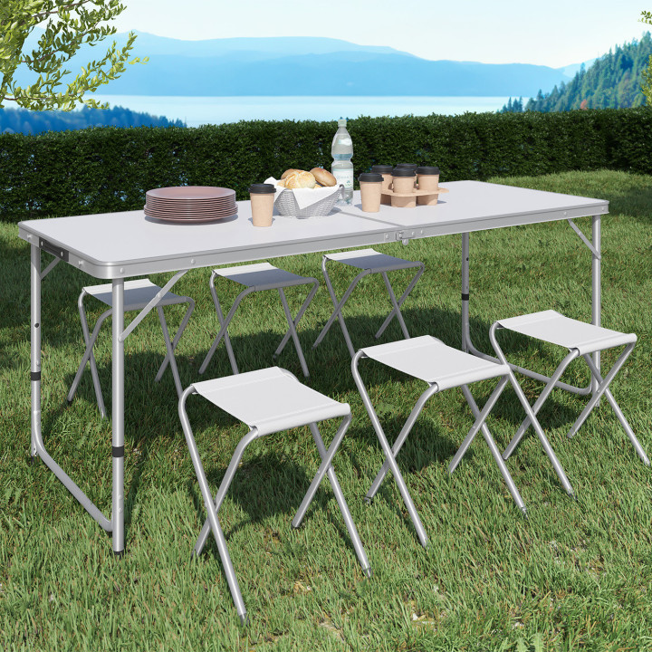 Table de camping pliante à hauteur réglable avec 6 tabourets : gris et blanc | ID Market