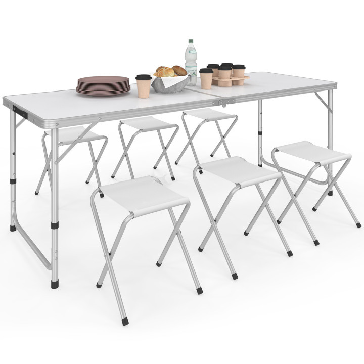 Table de camping pliante à hauteur réglable avec 6 tabourets : gris et blanc | ID Market