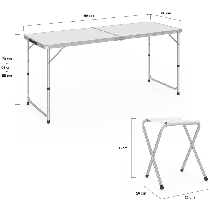 Table de camping pliante à hauteur réglable avec 6 tabourets : gris et blanc | ID Market