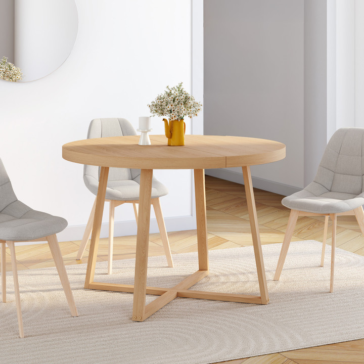 Table à manger extensible ronde SELMA 4-8 personnes bois effet hêtre 110-150 cm