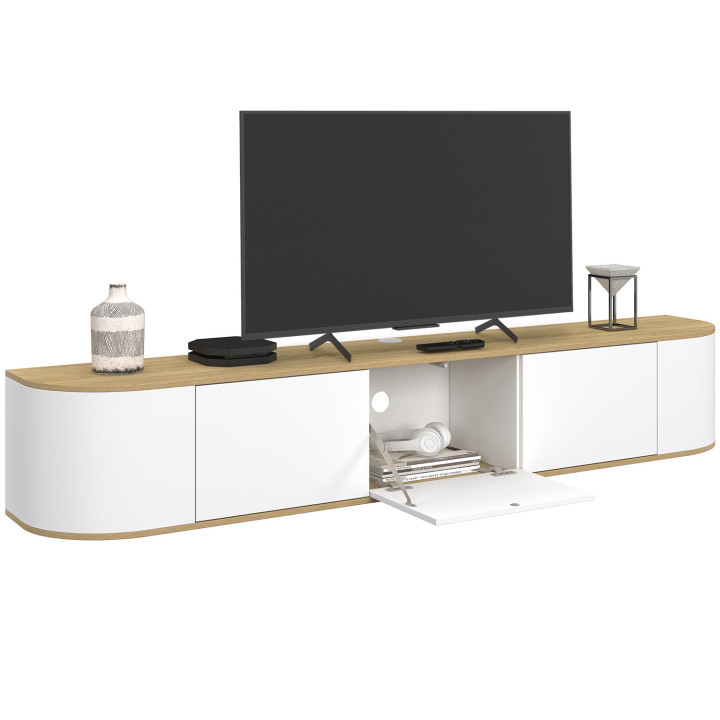 Meuble TV 180 cm suspendu LEORA 3 portes bois et blanc