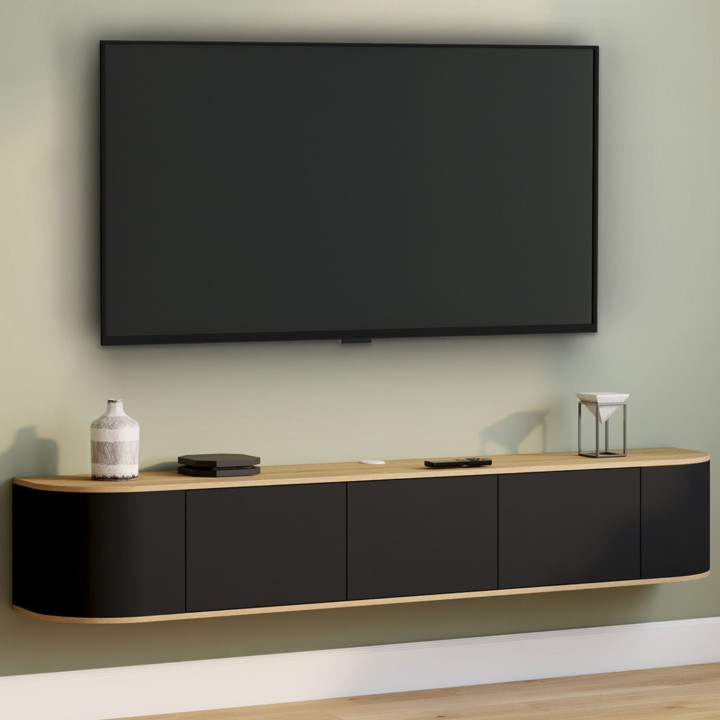 LEORA 180 cm 3-deurs zwart en houten wand TV-meubel